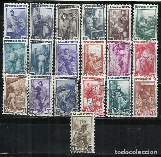 Sellos: 0415K- SERIE TRABAJOS PROFESIONES ITALIA 1950 N&ordm; 572/590 LOS 19 VALORES. VISTA FILIGRANA.
