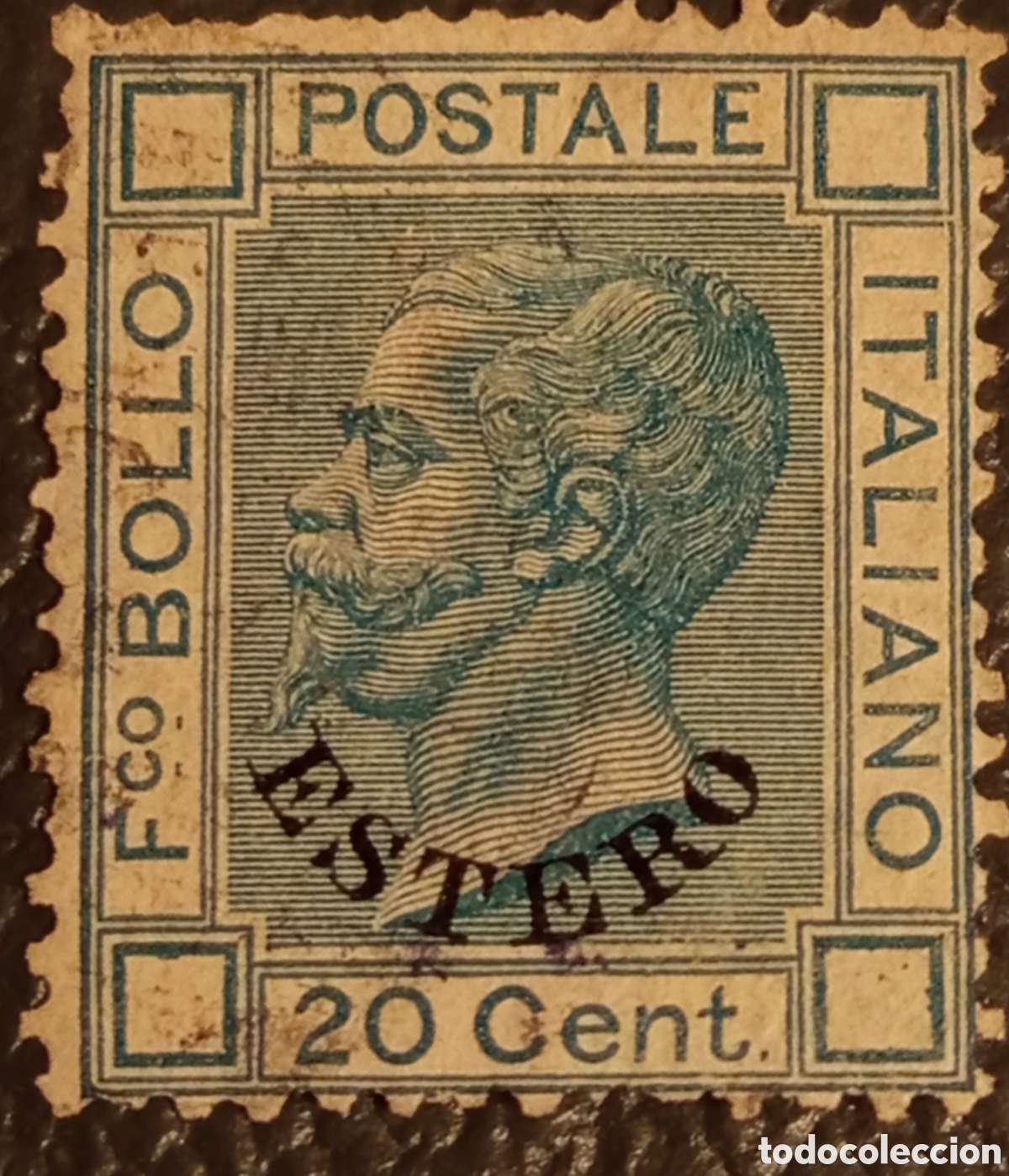 Sellos: Italia 1874 - Serie Estero 20c Azul V&iacute;ctor Manuel II - Cat. Sassone N&ordm; 10 - Usado