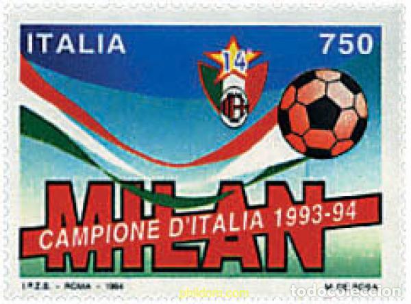 Sellos: 67091 MNH ITALIA 1994 MILAN CAMPEON DE ITALIA DE FUTBOL