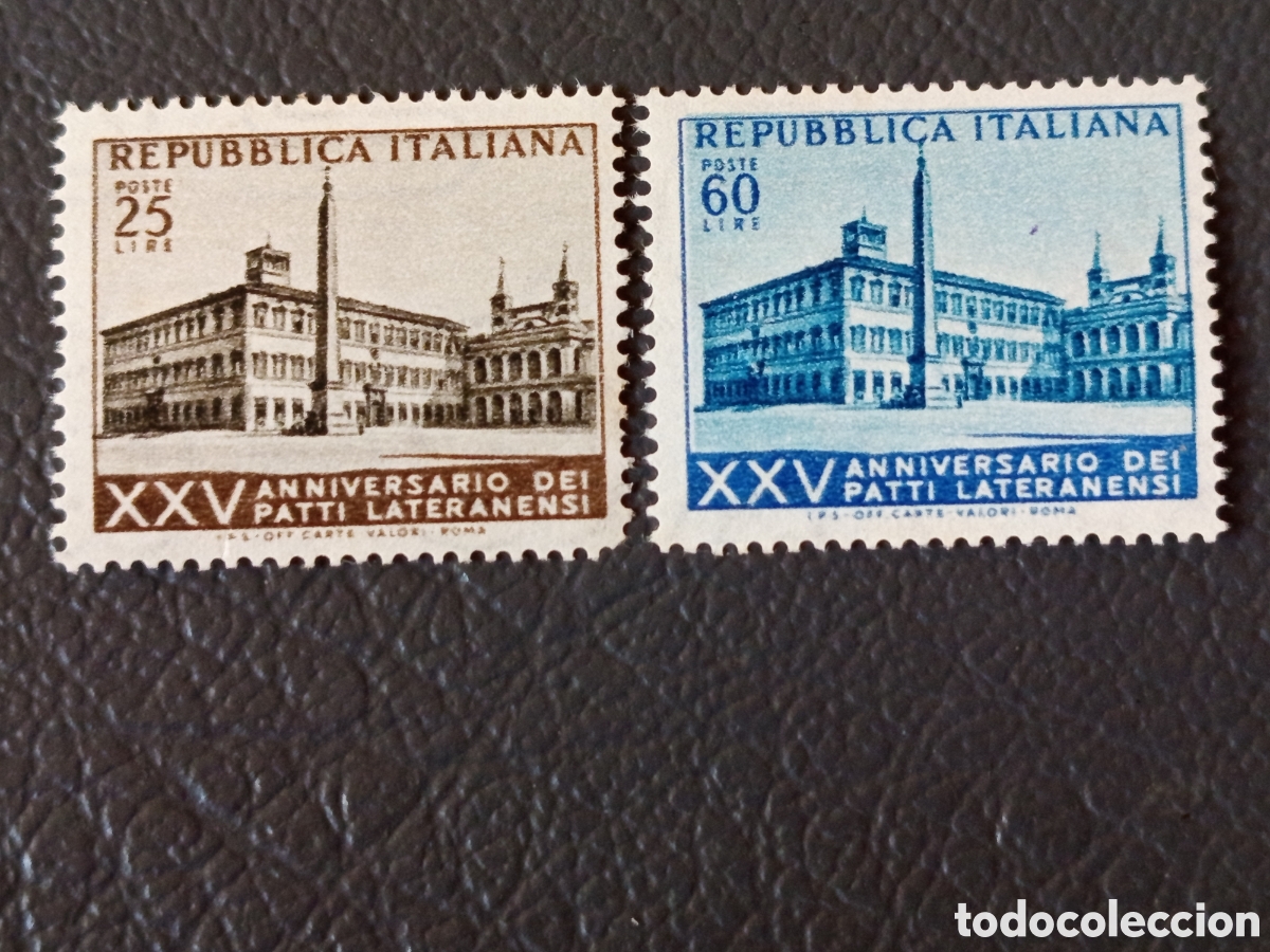 Sellos: ITALIA 1954 &mdash; XXV Aniversario Pactos de Letr&aacute;n &mdash; Pareja 25L + 60L &mdash; MNH &mdash; Rep&uacute;blica Italiana