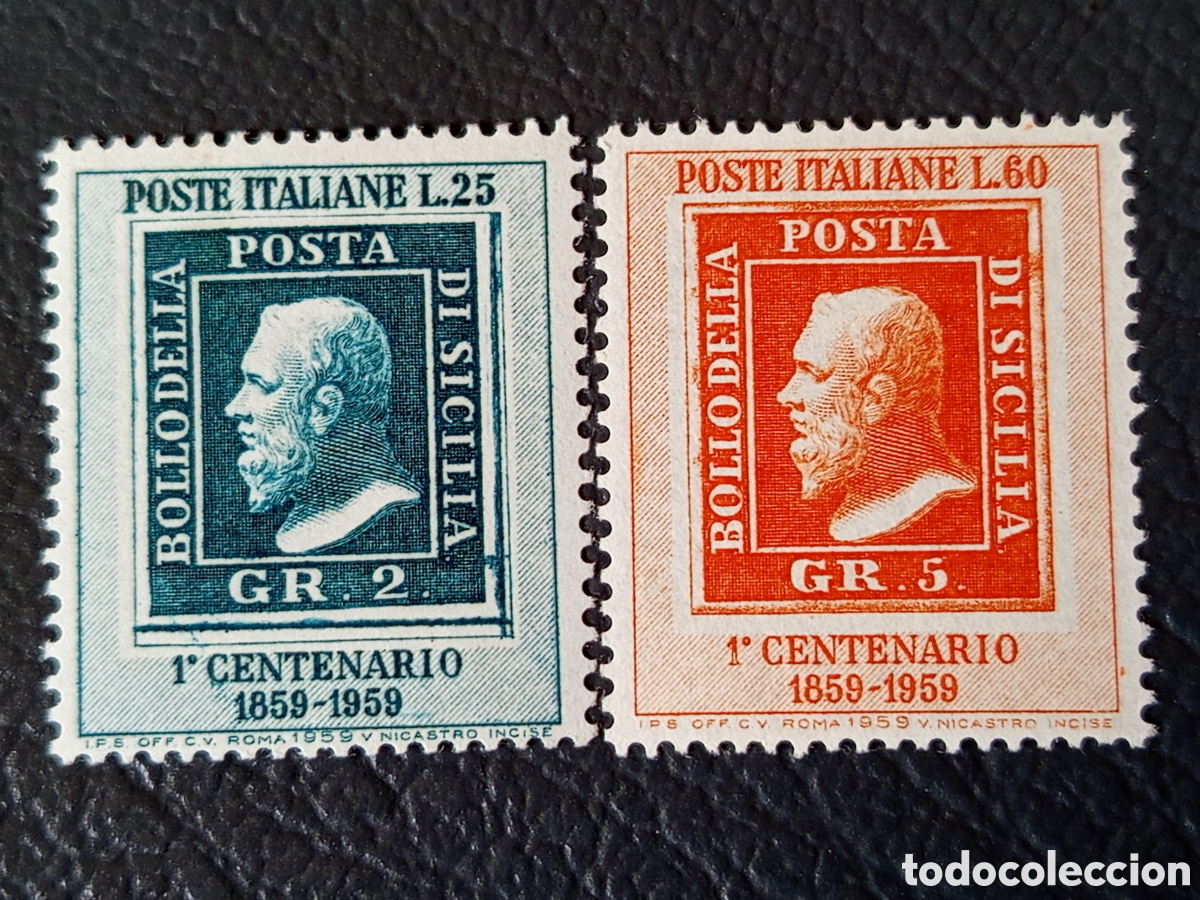 Sellos: ITALIA 1959 &mdash; I Centenario Posta di Sicilia &mdash; Pareja 25L + 60L &mdash; MNH