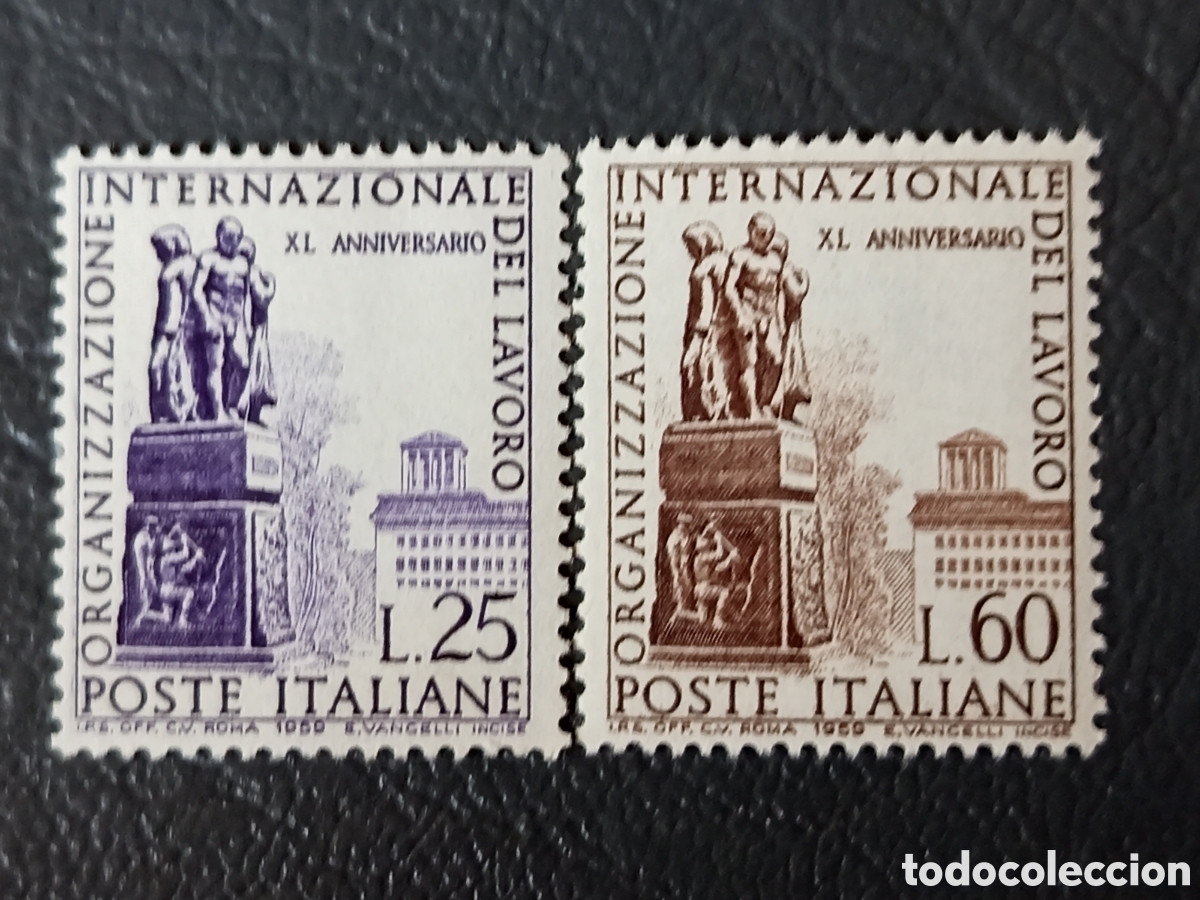 Stamps: ITALIA 1959 &mdash; XL Aniversario OIT Organizaci&oacute;n Internacional Trabajo &mdash; Pareja 25L + 60L &mdash; MNH