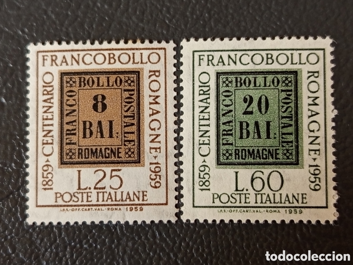 Timbres: ITALIA 1959 &mdash; Centenario Francobollo Romagne 8 y 20 Baj &mdash; Pareja 25L + 60L &mdash; MNH