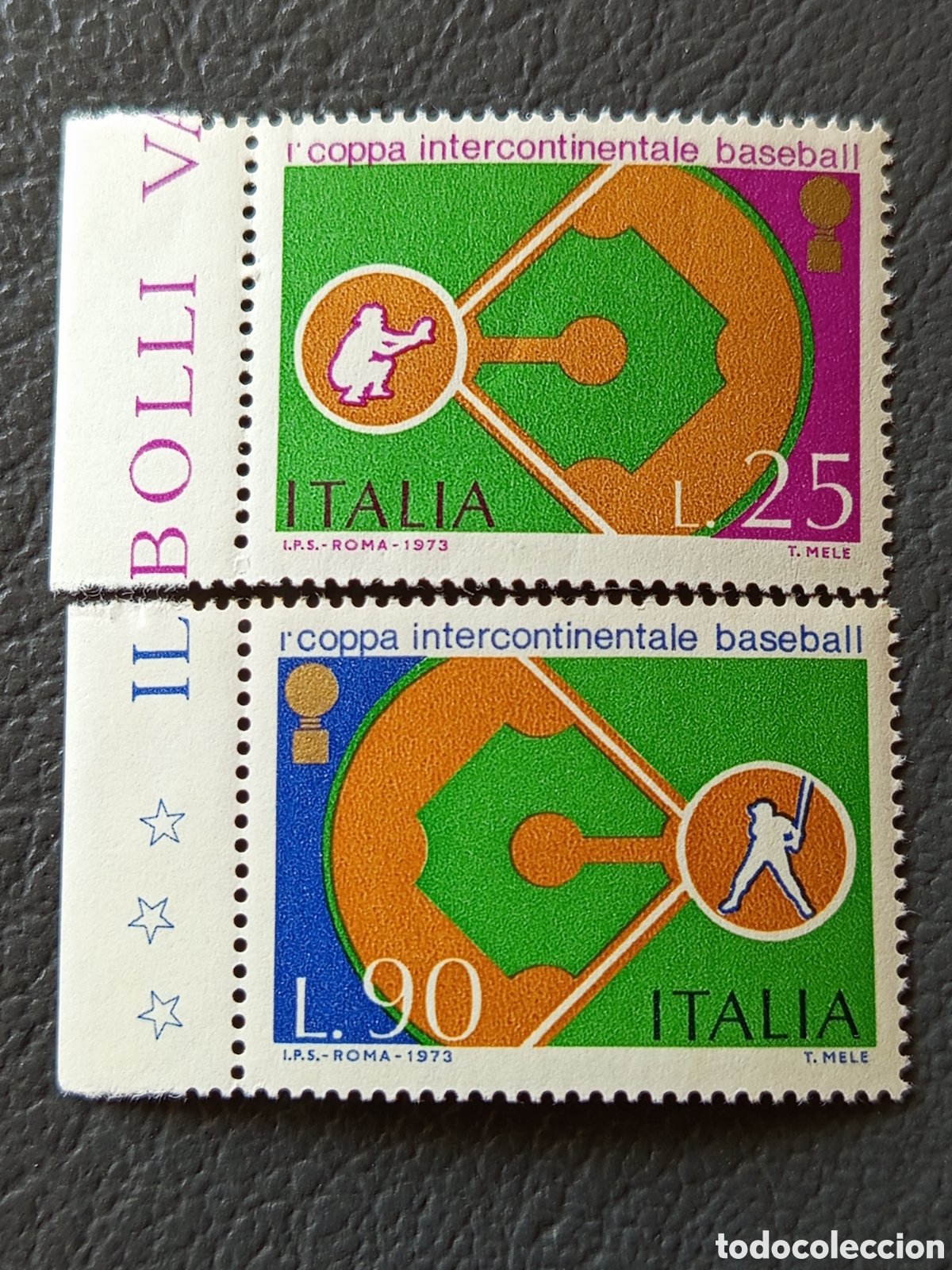 Sellos: ITALIA 1973 &mdash; I Coppa Intercontinentale Baseball &mdash; Pareja 25L + 90L &mdash; MNH con margen