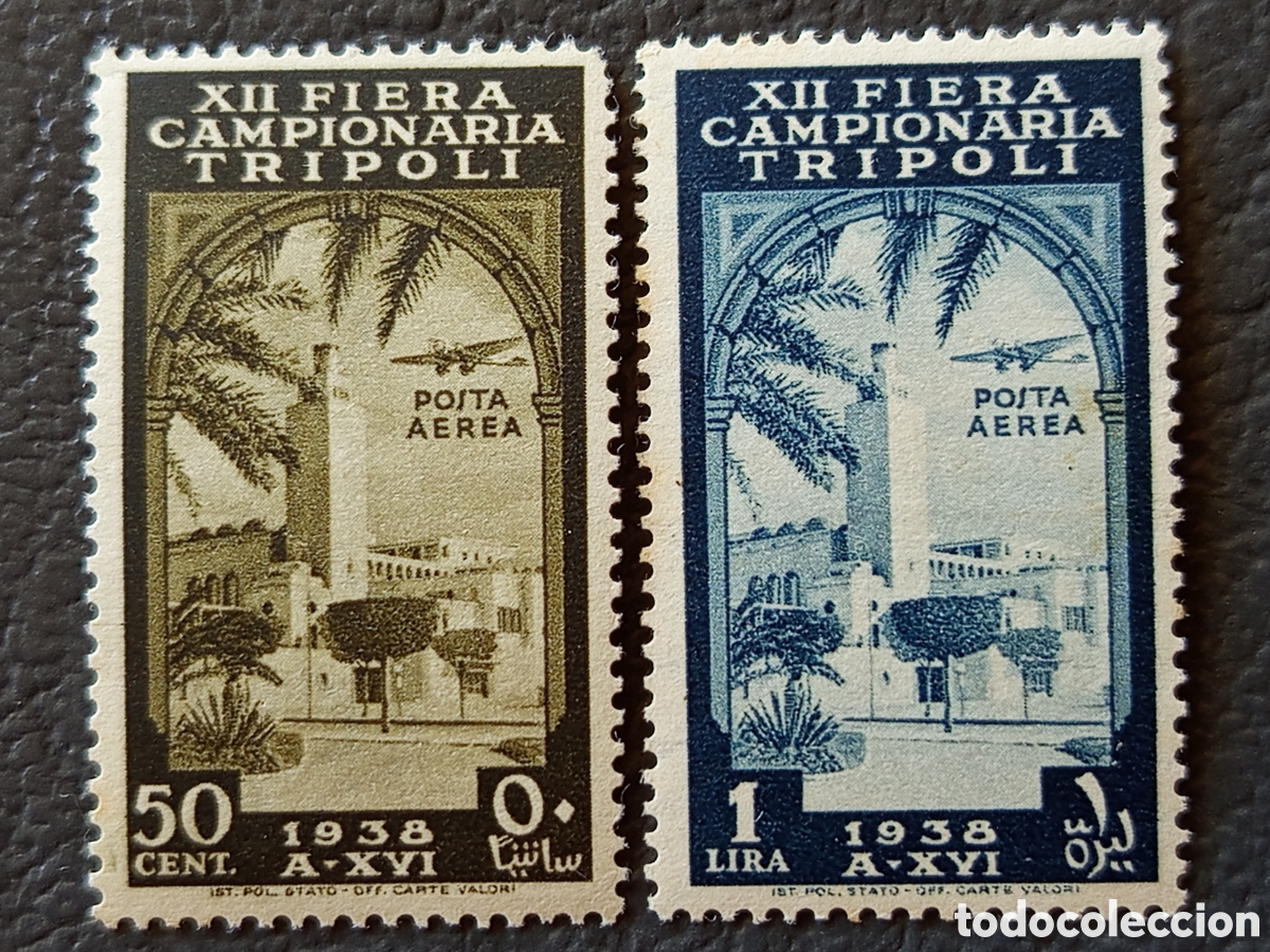 Selos: LIBIA ITALIANA 1938 &mdash; XII Fiera Campionaria Tripoli &mdash; Posta Aerea &mdash; Sass. A34/A35 &mdash; Pareja 50c + 1L