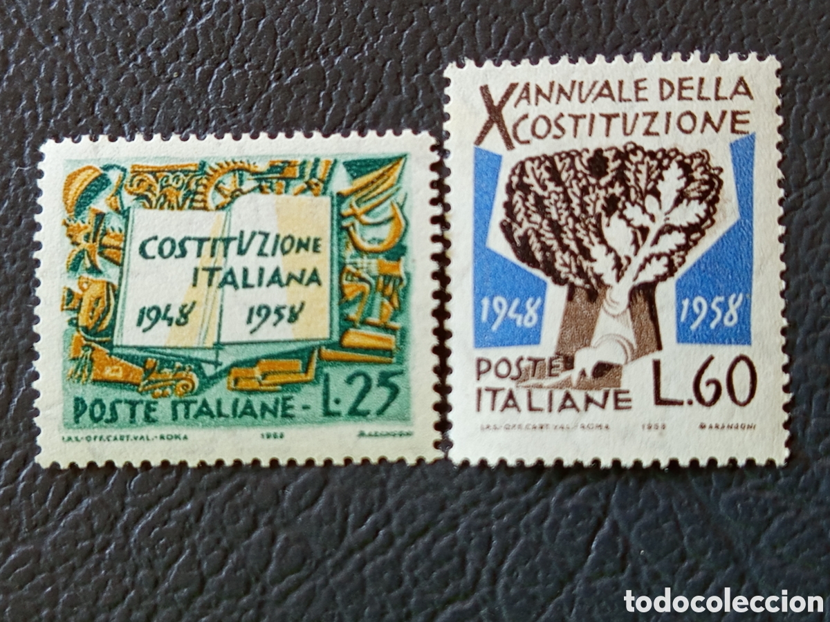 Sellos: &rdquo;Italia 1958 &ndash; MNH &ndash; X Aniversario Constituci&oacute;n Italiana &ndash; L.25 + L.60&rdquo;
