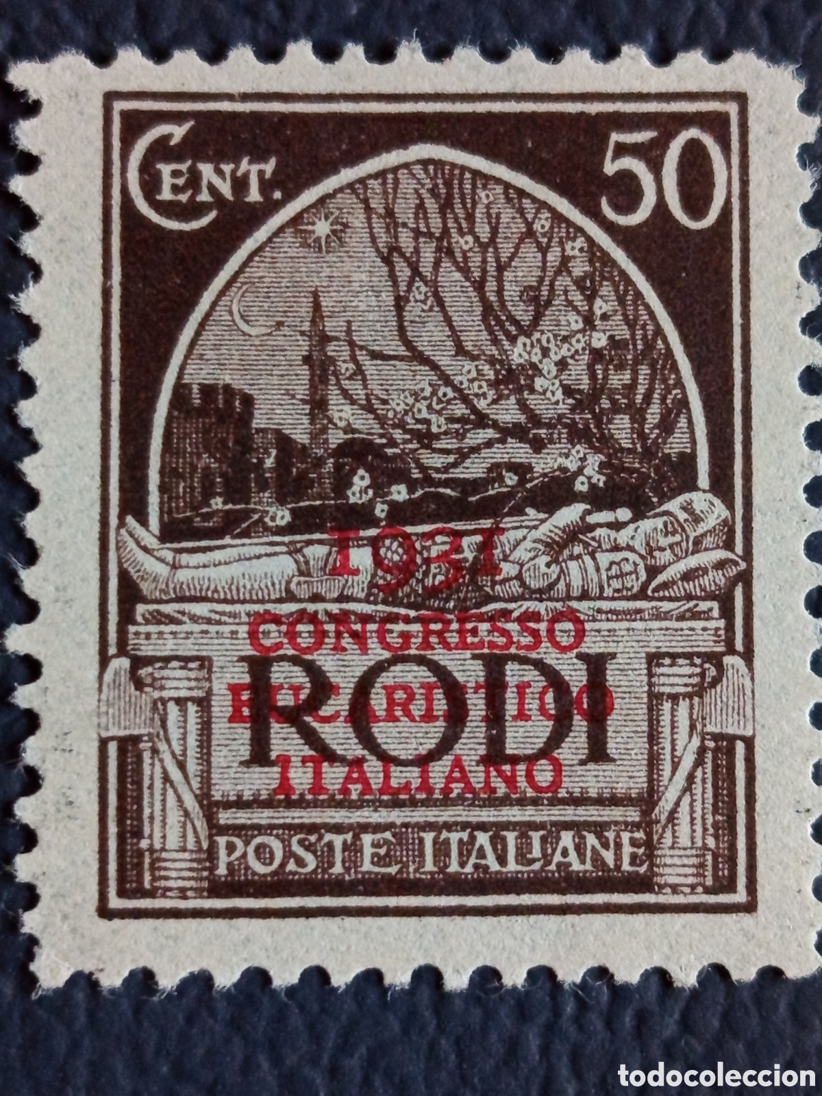 Sellos: Italia Egeo Rodi 1931 Congreso Eucar&iacute;stico 50 Cent Marr&oacute;n MH Sassone 33