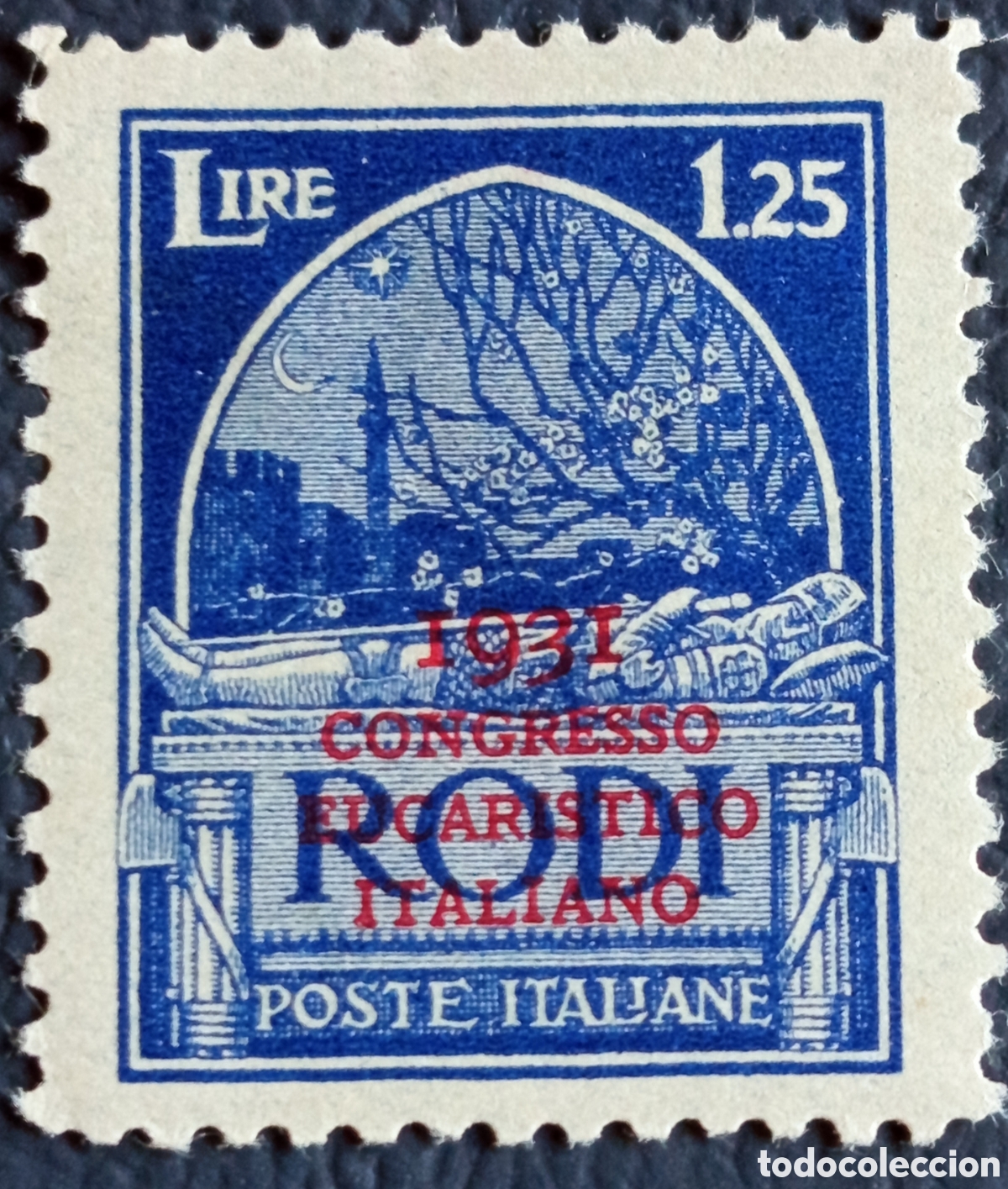 Sellos: Italia Egeo Rodi 1931 Congreso Eucar&iacute;stico 1,25 Lire Azul MH Sassone 34