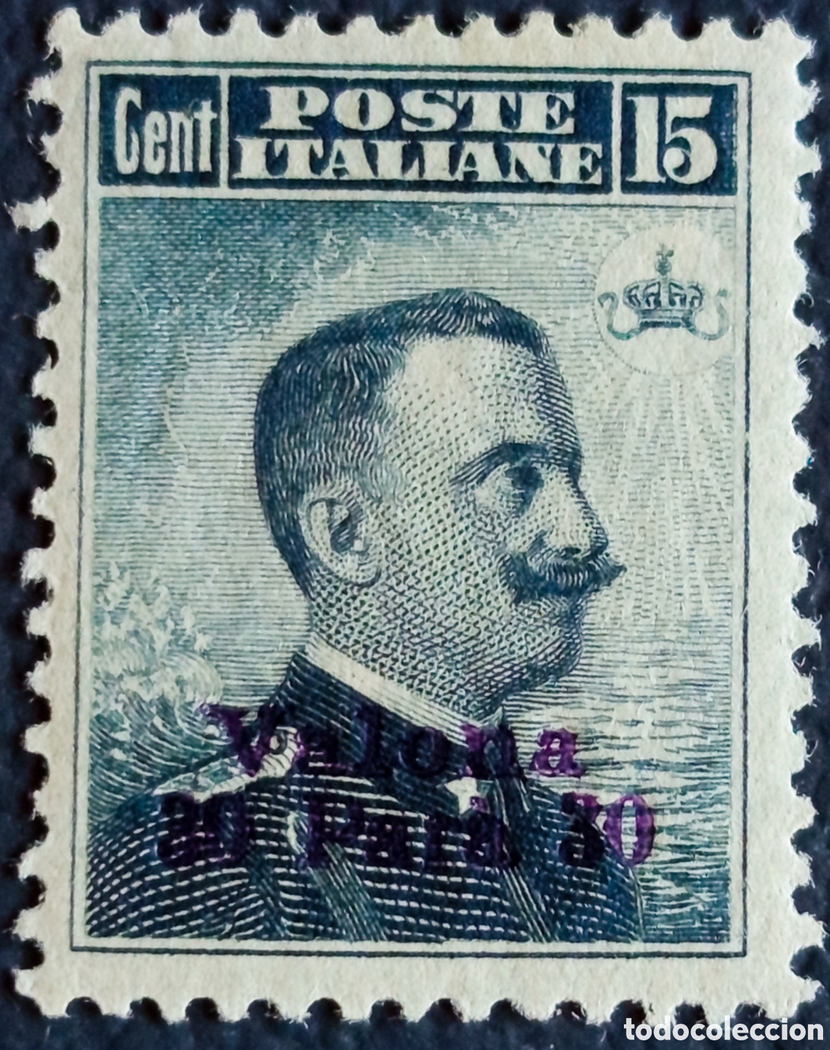 Sellos: Italia Levante Valona 1916 Vittorio Emanuele 30 Para 15 Cent Azul MH Sassone 4