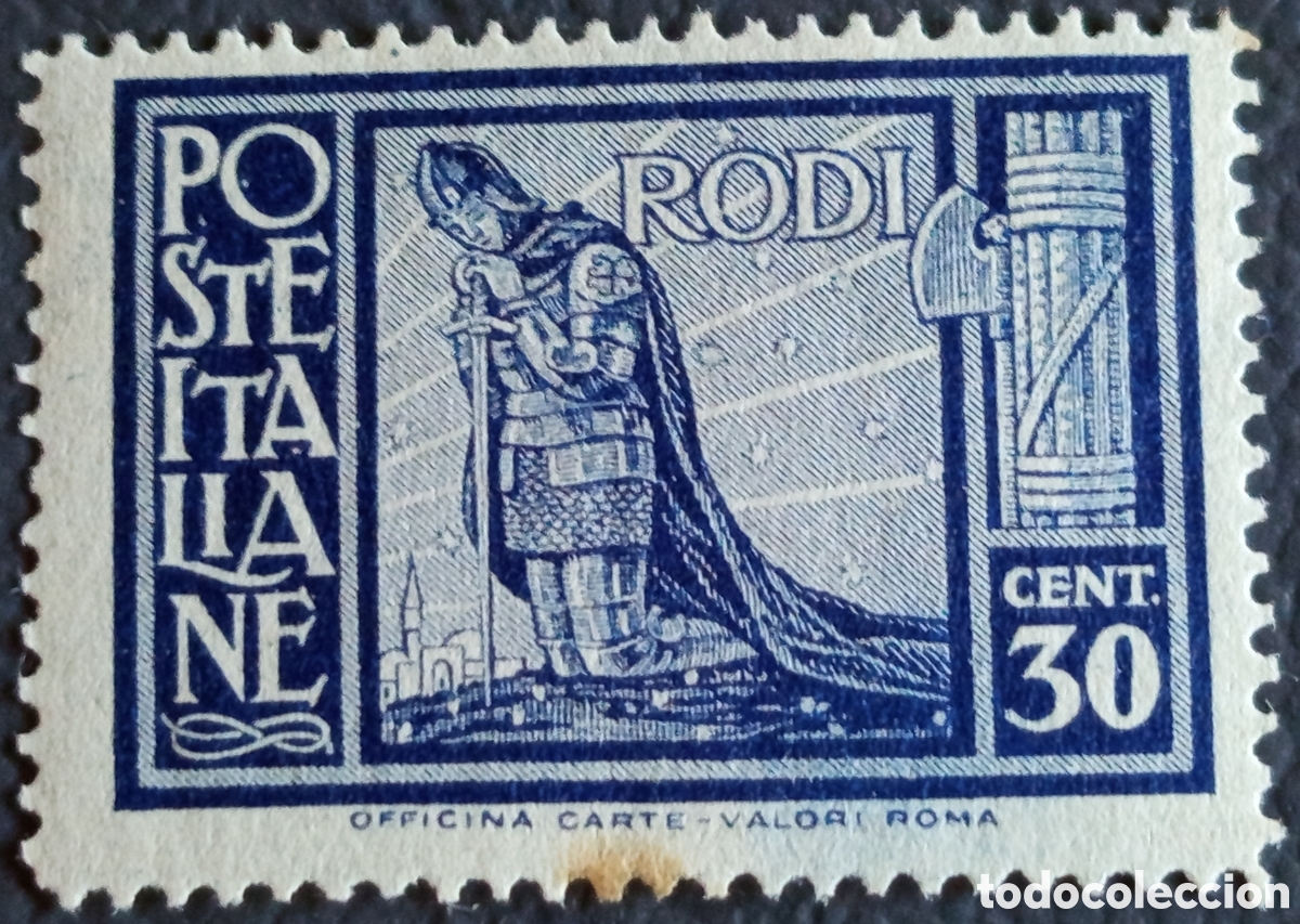 Sellos: Italia Egeo Rodi 1929 Caballero 30 Cent Azul MH Sassone 14