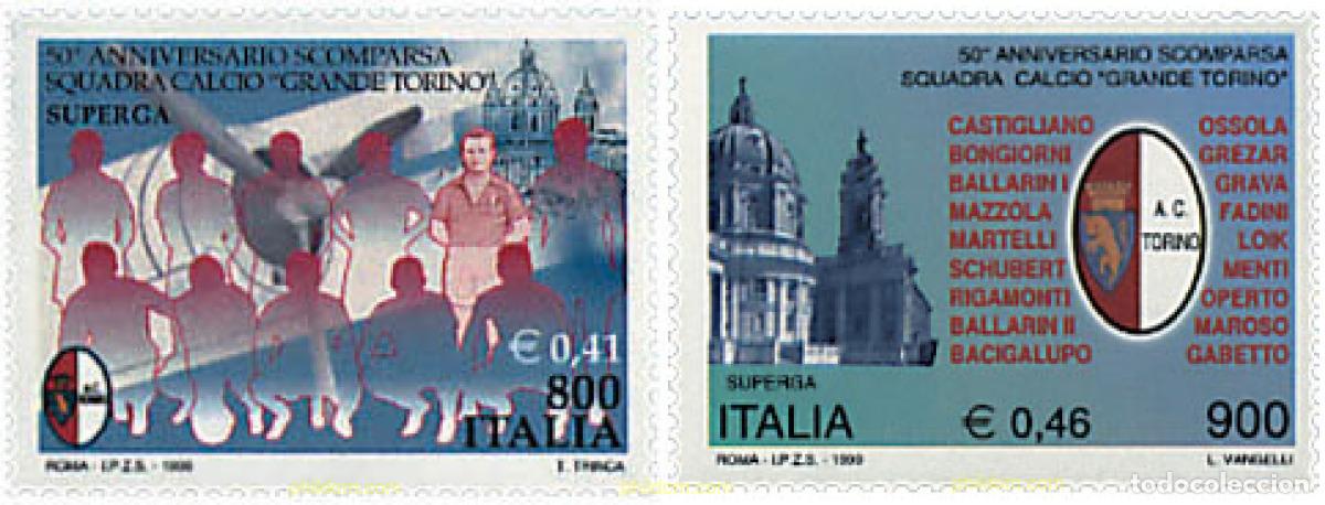 Sellos: 67120 MNH ITALIA 1999 50 ANIVERSARIO DE LA DESAPARICION DEL EQUIPO DE FUTBOL GRAN TORINO
