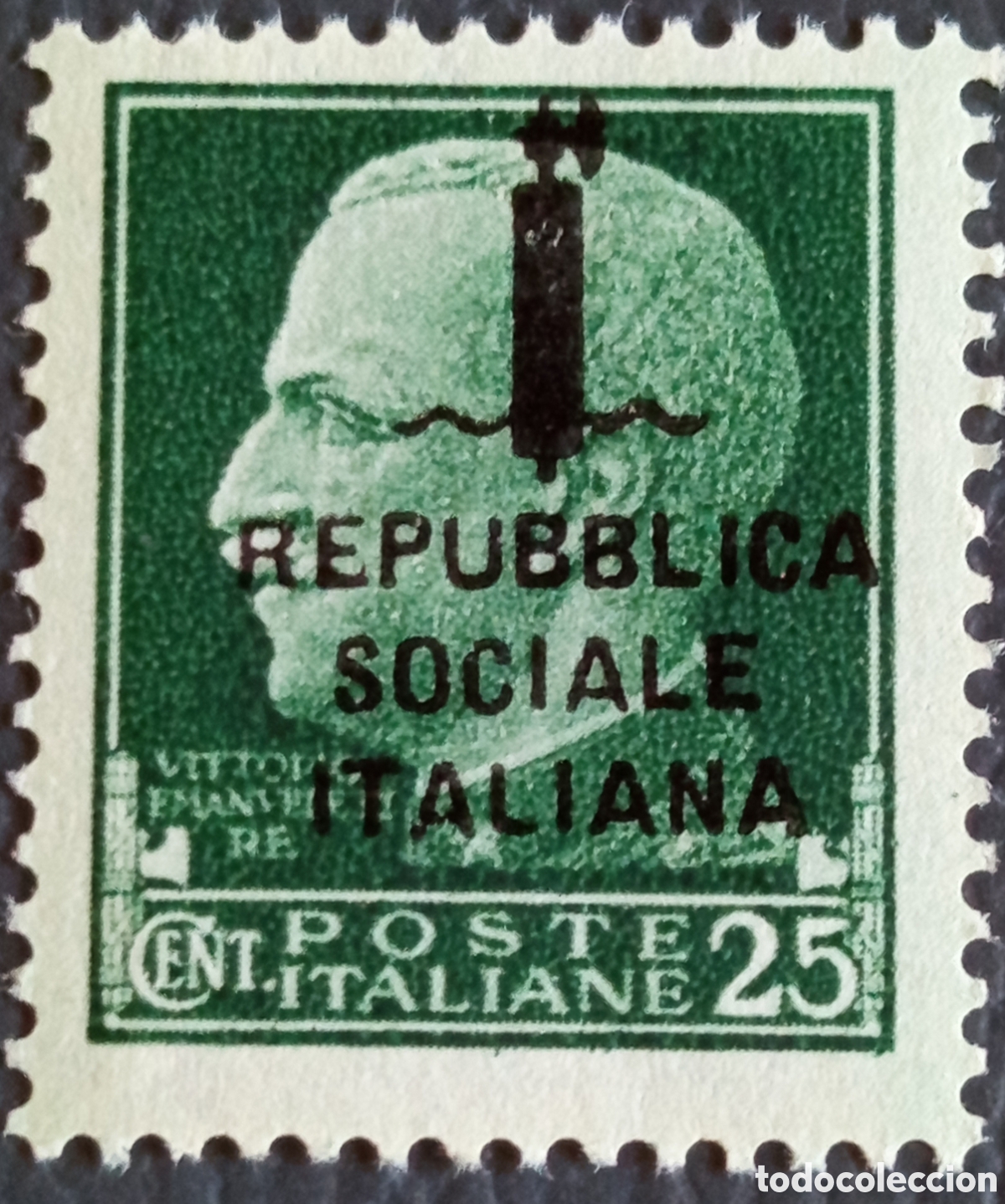 Francobolli: Italia RSI 1944 Vittorio Emanuele III 25c verde sobrecarga