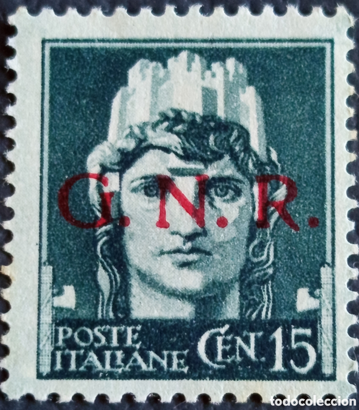 Timbres: Italia RSI 1943 GNR 15c Sas.472/A Error Color Sobreimpresi&oacute;n Roja