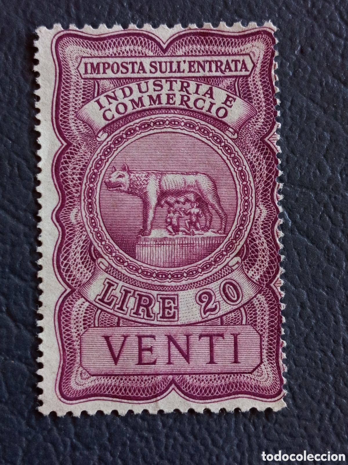Sellos: Timbre Fiscal Italia Impuesto sobre Ingresos Loba Capitolina 20 Lire P&uacute;rpura