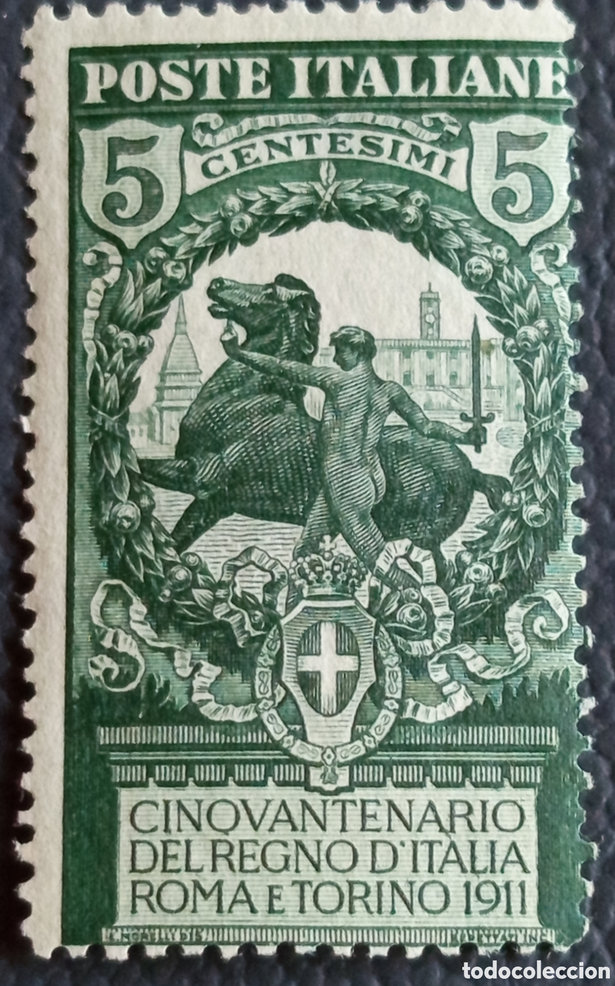 Sellos: Sello Italia 1911 Cincuentenario del Reino Roma y Torino 5c Cat#107 MH