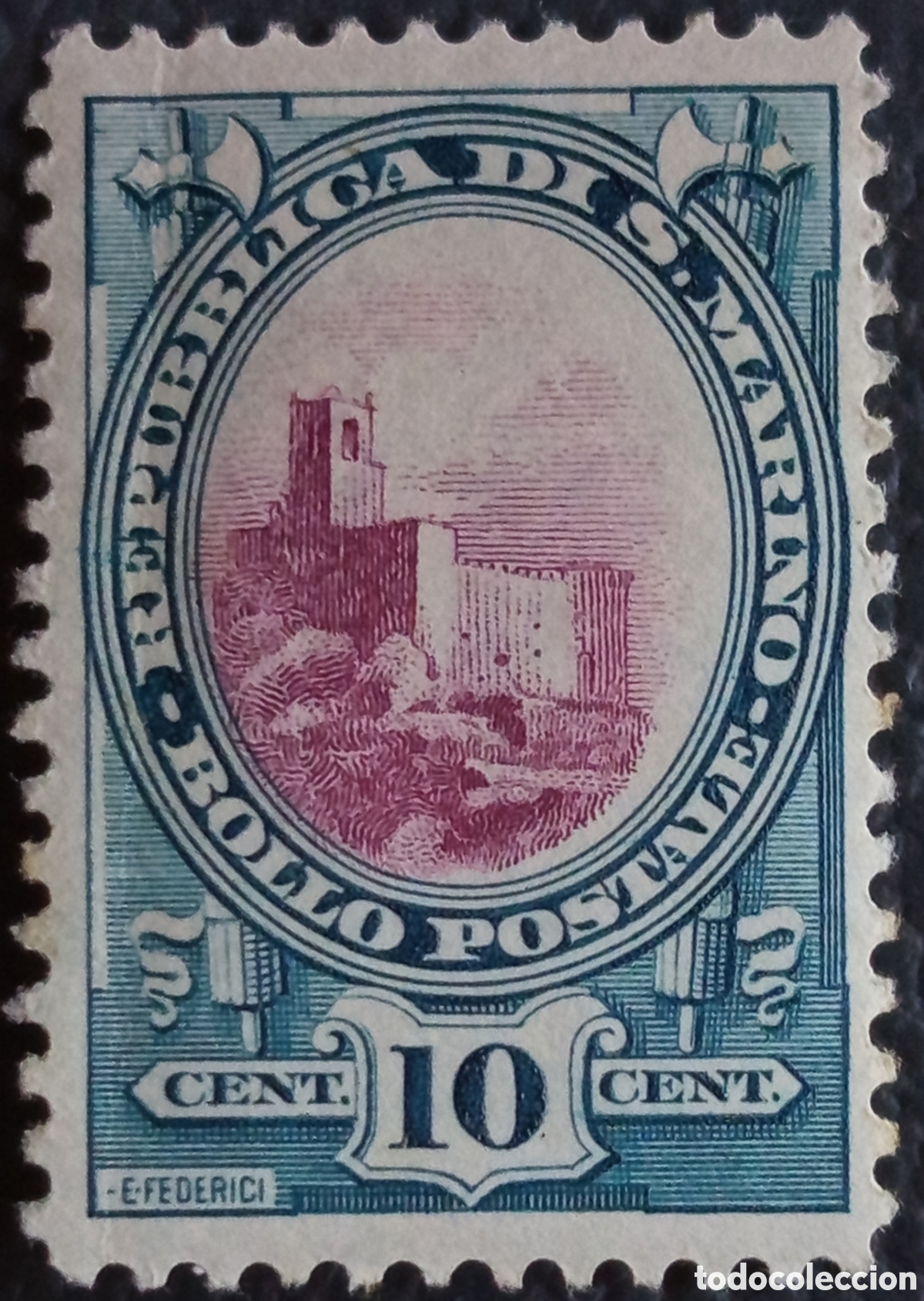 Sellos: Sello San Marino 1928 Vista de la Fortaleza Torres 10c Cat#128 MH