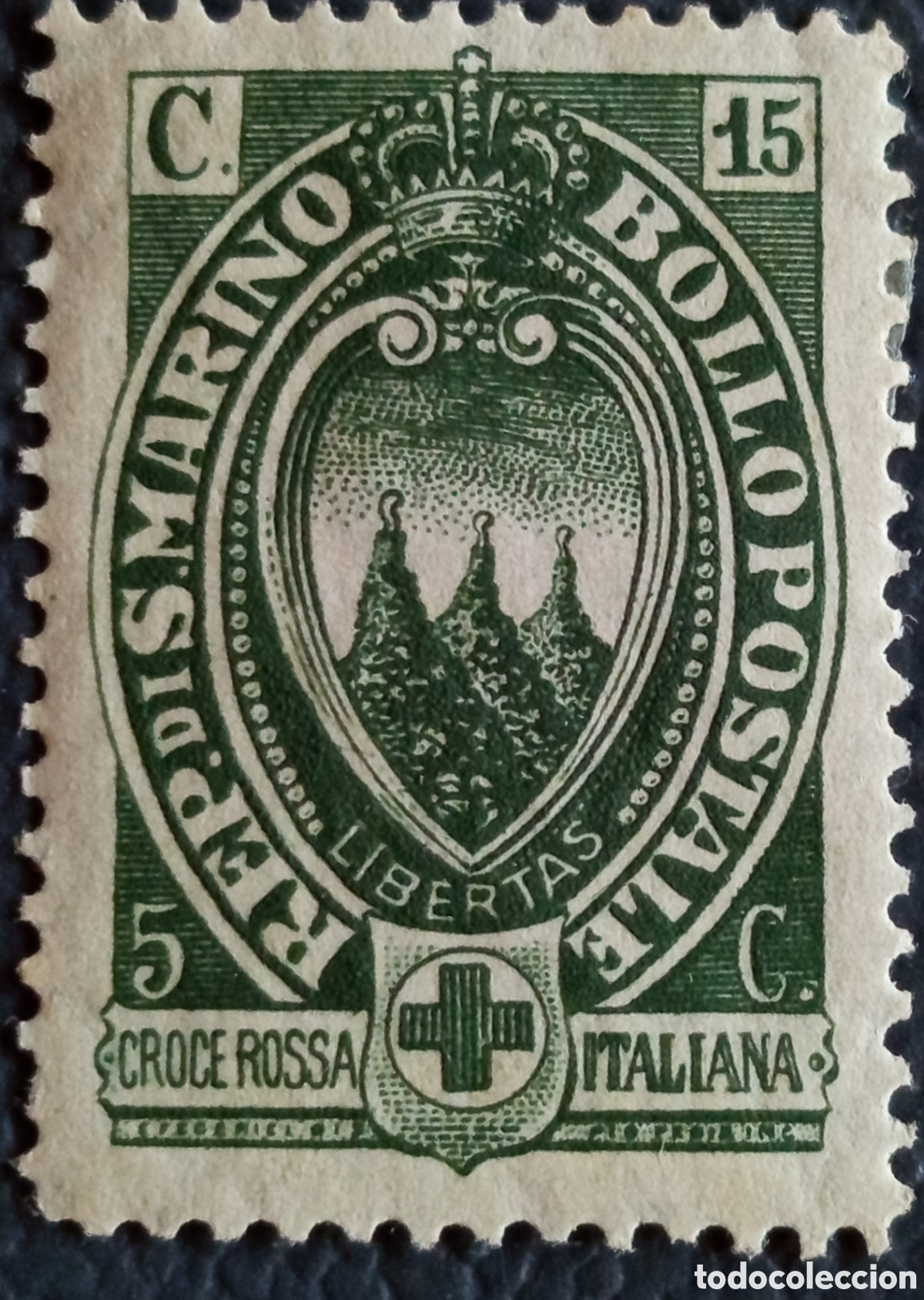 Sellos: Sello San Marino 1918 Cruz Roja Italiana 15c sobre 5c Verde Cat#78 MH