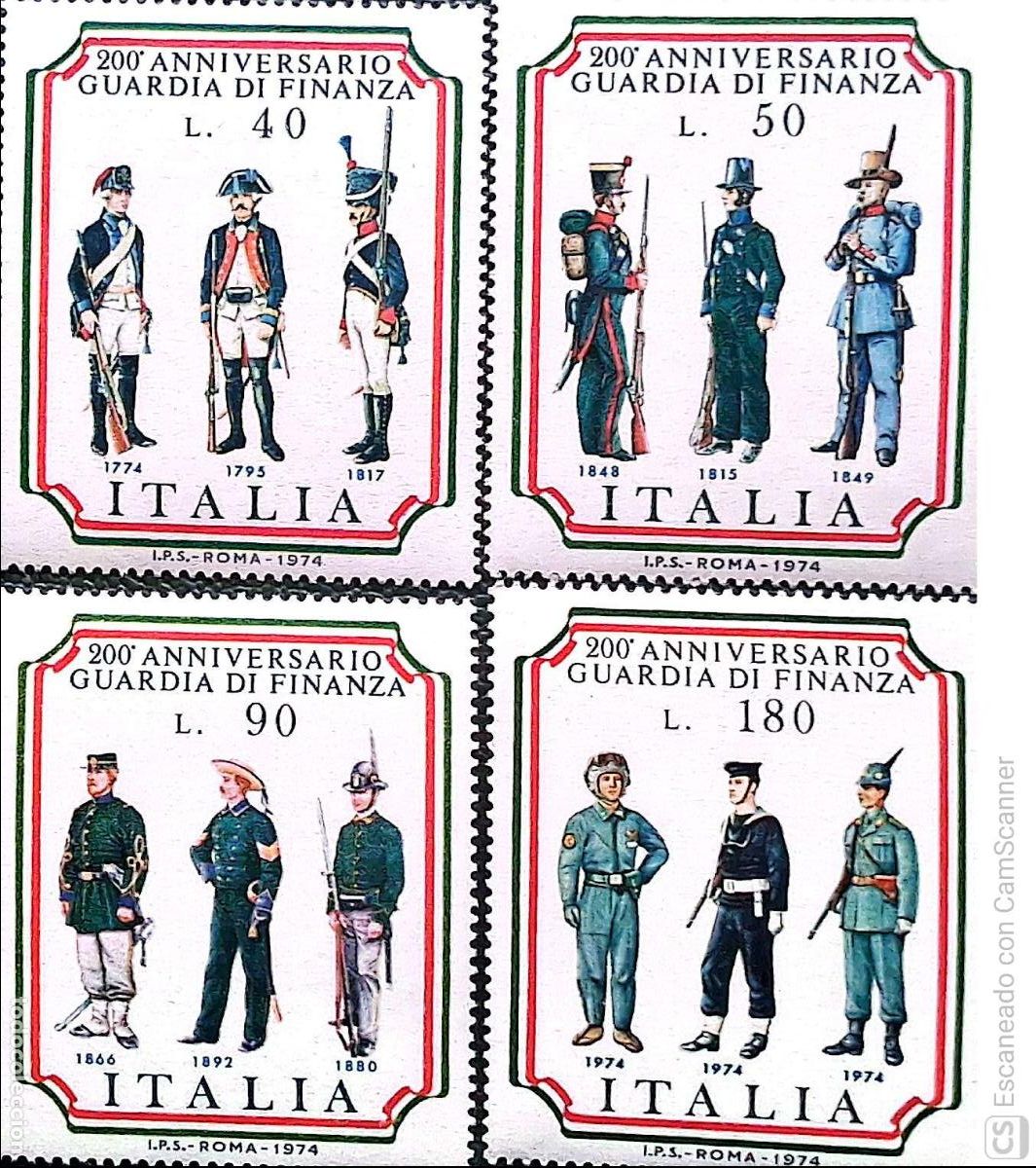 Sellos: Italia. 1184/87 200&ordm; Aniversario de la Guardia de Finanzas. 1974. Sellos nuevos y numeraci&oacute;n Yvert.