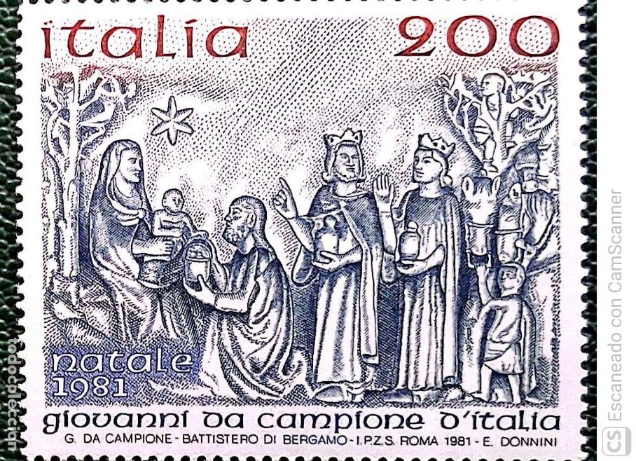 Sellos: Italia. 1514 Navidad. Adoraci&oacute;n de los Magos, Bajorelieve en piedra esculpido por Giovanni de Campio