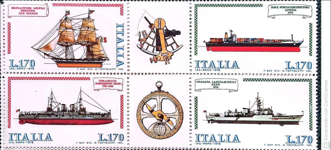 Sellos: Italia. 1341/44 Construcciones navales: Acorazado Benedetto Brin, fragata lanza-misiles Lupo, berga