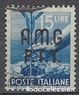 Sellos: ITALIA TRIESTE ZONA A 1947 - DEMOCRACIA, SOMBREIMPRESO, AZUL - USADO