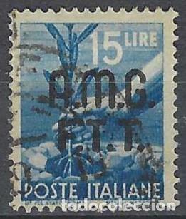 Sellos: ITALIA TRIESTE ZONA A 1947 - DEMOCRACIA, SOMBREIMPRESO, AZUL - USADO