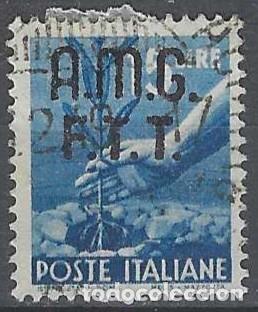 Sellos: ITALIA TRIESTE ZONA A 1947 - DEMOCRACIA, SOMBREIMPRESO, AZUL - USADO
