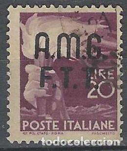 Sellos: ITALIA TRIESTE ZONA A 1947 - DEMOCRACIA, SOMBREIMPRESO, P&Uacute;RPURA - USADO