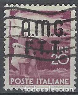 Sellos: ITALIA TRIESTE ZONA A 1947 - DEMOCRACIA, SOMBREIMPRESO, P&Uacute;RPURA - USADO