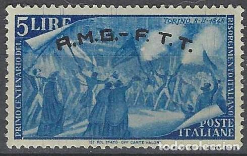Sellos: ITALIA TRIESTE ZONA A 1948 - CENTENARIO DEL LEVANTAMIENTO DE 1848, SOBREIMPRESO, AZUL - MNH**
