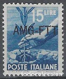 Sellos: ITALIA TRIESTE ZONA A 1949 - DEMOCRACIA, SOBREIMPRESO, AZUL - MH*