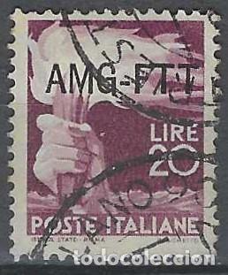 Sellos: ITALIA TRIESTE ZONA A 1949 - DEMOCRACIA, SOBREIMPRESO, P&Uacute;RPURA - USADO