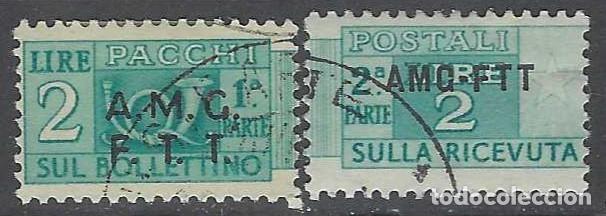 Sellos: ITALIA TRIESTE ZONA A 1947-48 - PAQUETE POSTAL, SOBREIMPRESO, VERDE AZULADO, PAR - USADO