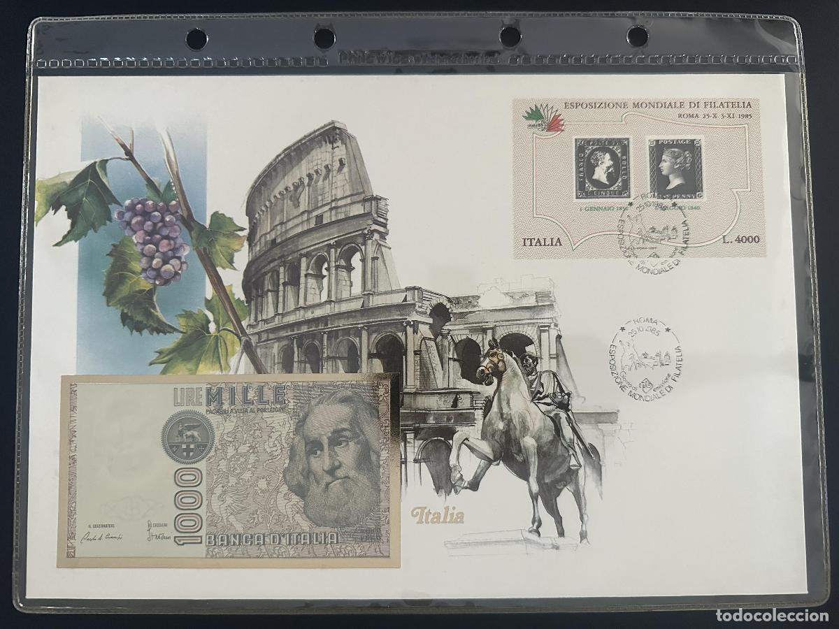 Sellos: Italia sobre numism&aacute;tico 1000 Liras Expo Filatelia Roma 1985