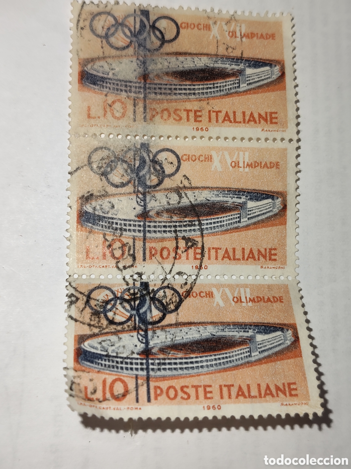 Sellos: Bloque de 3 sellos de Italia XVll Juegos Ol&iacute;mpicos de Roma 1960