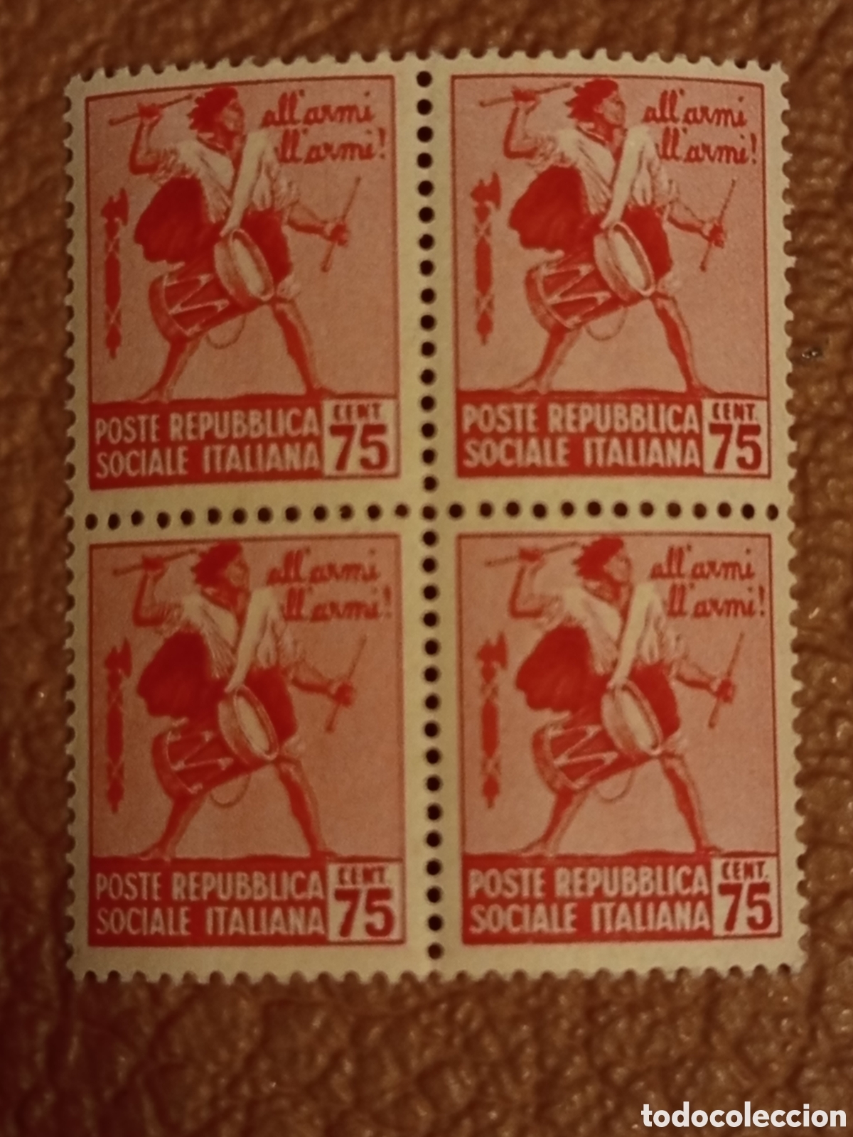 Sellos: Bloque 4 Sellos Italia RSI 1944 Sassone 22 / Michel 22 Cent 75 MNH