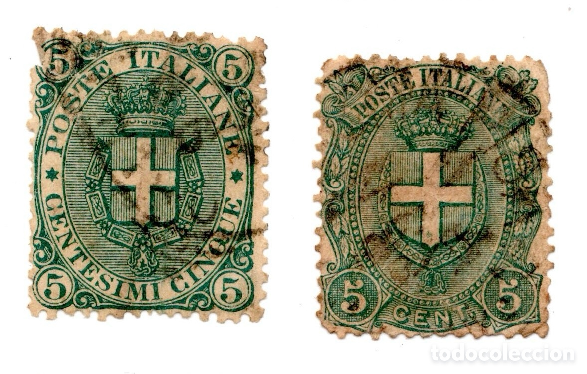 Sellos: ITALIA 1891-96 ESCUDO DE SABOYA - 2 SELLOS 5 CENTESIMI VERDE USADOS