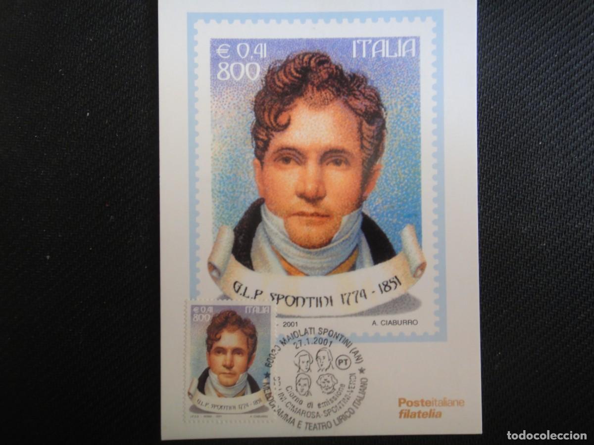 Sellos: Italia, Tarjeta M&aacute;xima, Gaspare L.P. Spontini, Teatro Lirico Italiano-a&ntilde;o, 2001, ref 8554/5