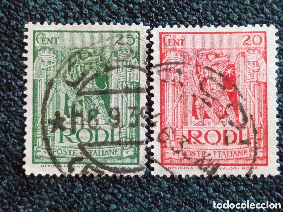 Sellos: Sellos Rodas Ocupaci&oacute;n Italiana 1929 Guerrero Caballero Scott #17 y #18