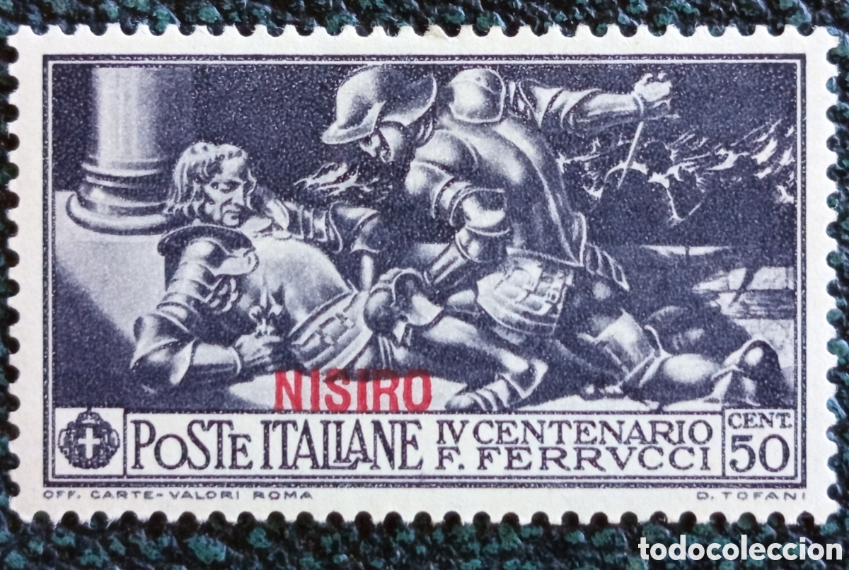 Sellos: Sello Nisiros Egeo Ocupaci&oacute;n Italiana 1930 Centenario Ferrucci 50c Scott #26 Nuevo mh
