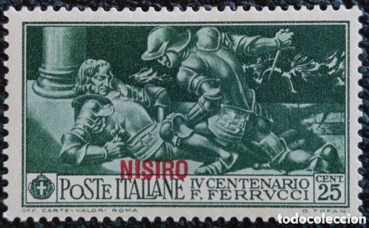 Sellos: Sello Nisiros Egeo Ocupaci&oacute;n Italiana 1930 Centenario Ferrucci 25c Scott #25 Nuevo MH