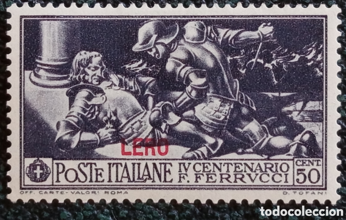 Sellos: Sello Leros Egeo Ocupaci&oacute;n Italiana 1930 Centenario Ferrucci 50c Scott #26 Nuevo MH