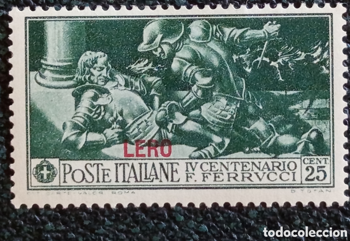 Sellos: Sello Leros Egeo Ocupaci&oacute;n Italiana 1930 Centenario Ferrucci 25c Scott #25 Nuevo