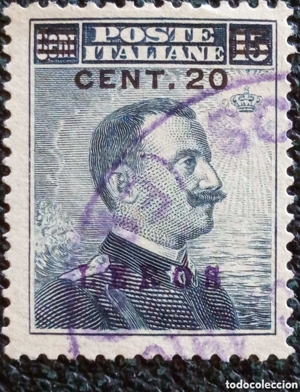 Sellos: Sello Leros Egeo Ocupaci&oacute;n Italiana 1916 V&iacute;ctor Manuel III 20c Scott #7 Usado