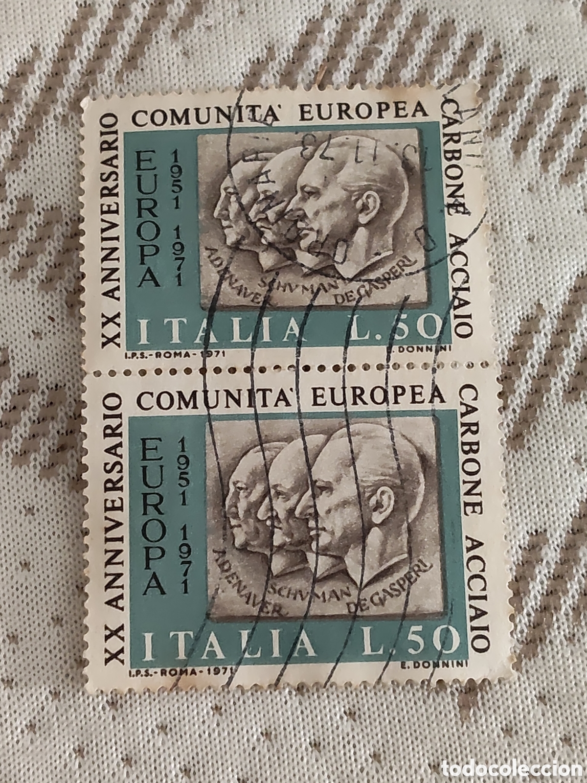 Sellos: Bloque de 2 sello de Italia Vig&eacute;simo aniversario de la comunidad Europea del carb&oacute;n y del acero 1971