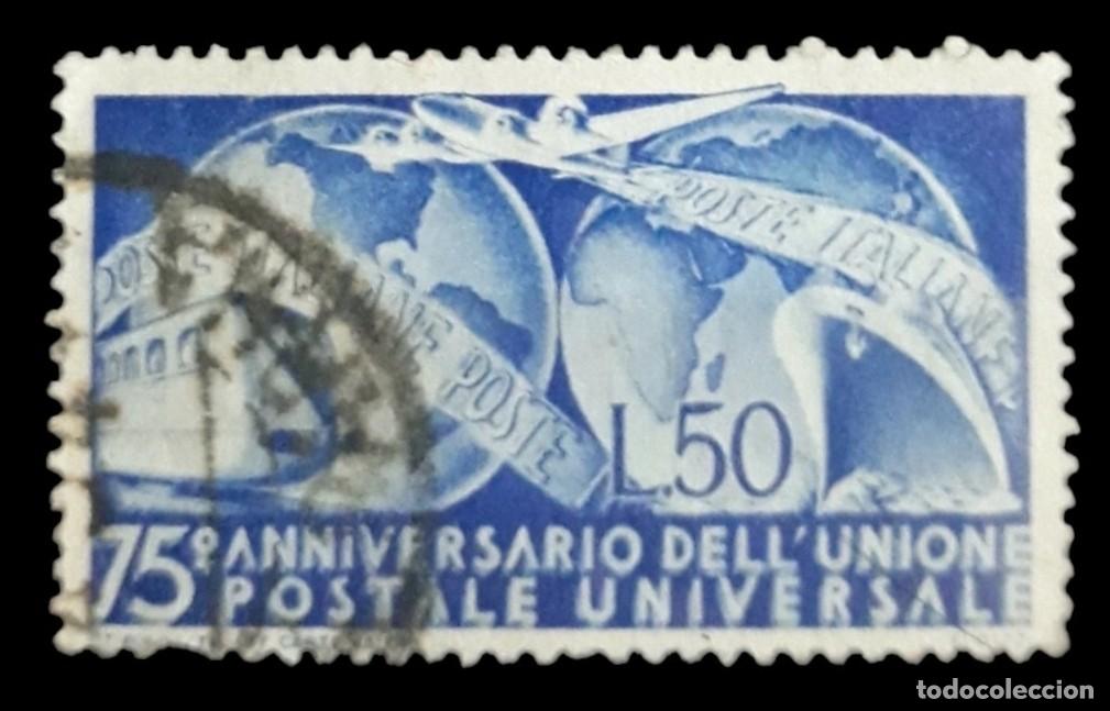 Sellos: ITALIA 1949 75 Aniversario de la Uni&oacute;n Postal Universal. YVERT: 538. USADO.