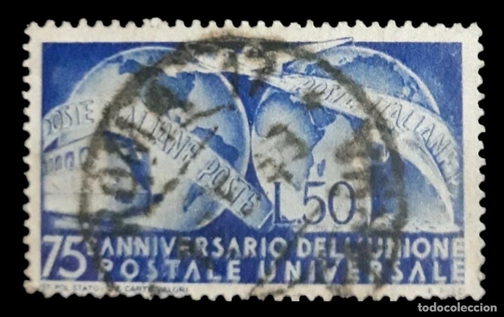 Sellos: ITALIA 1949 75 Aniversario de la Uni&oacute;n Postal Universal. YVERT: 538. USADO.