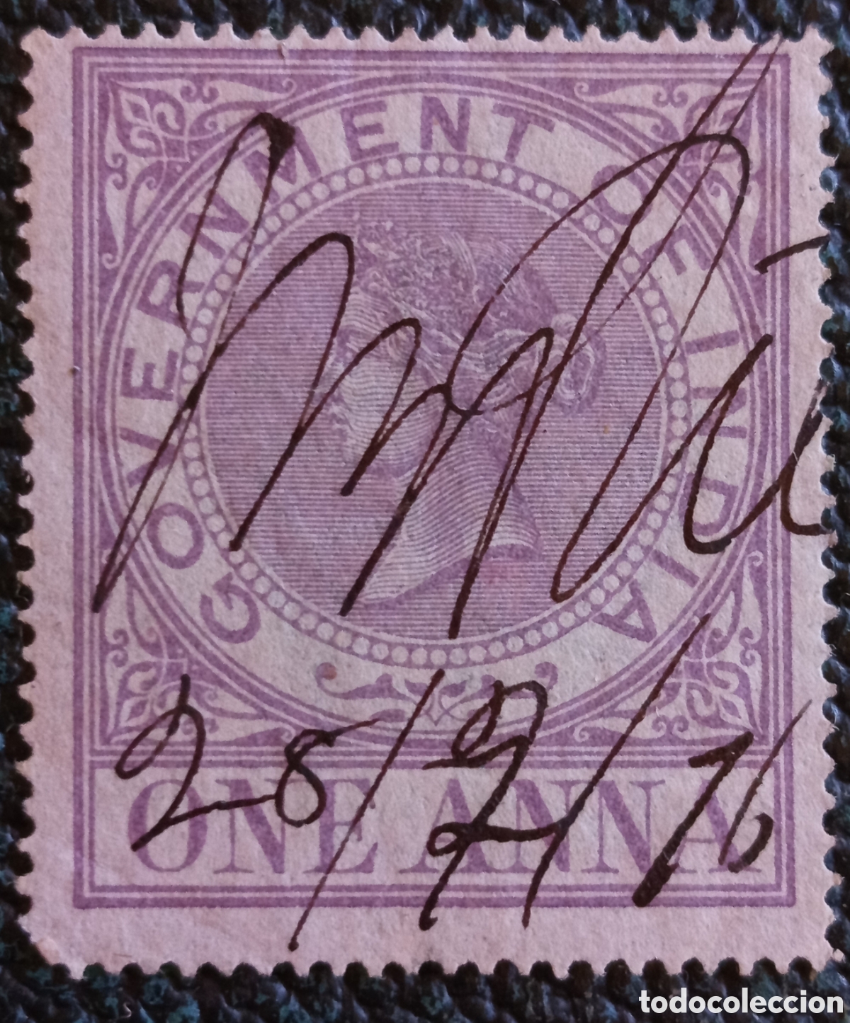 Sellos: Timbre Fiscal India Brit&aacute;nica 1a Violeta 1876 Reina Victoria Cat Barefoot #1 Usado