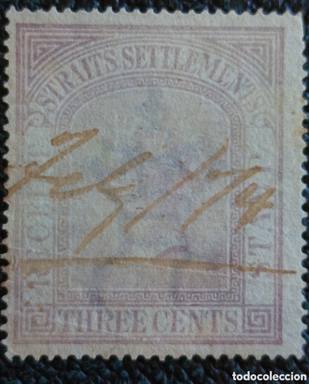Sellos: Timbre Fiscal Straits Settlements 3c Lila 1874 Victoria Wmk Crown CC Usado