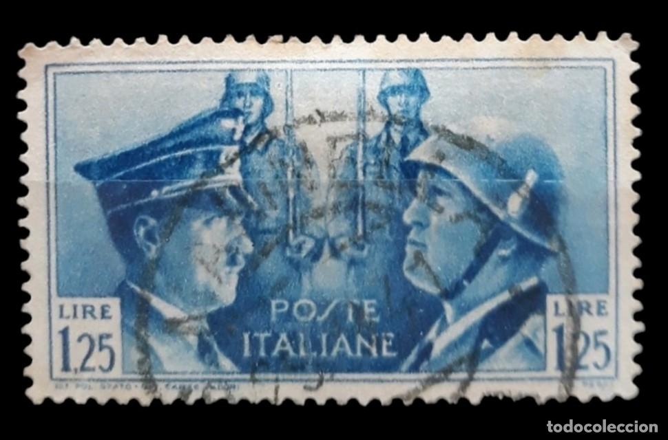 Sellos: ITALIA 1941 Segunda Guerra Mundial. Establecimiento del eje Roma - Berl&iacute;n. USADO.